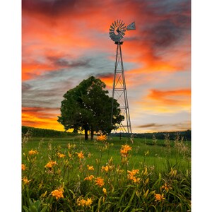Midwest Windmill Sunset, Farm Photo, Landscape Canvas and Metal Print Wall Art, Rural Wall Decor Photography, Country Print