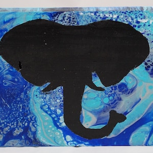 Acrylic Pour Painting with  Elephant Outline 12.75 X 7.5 Abstract Wood Art Wall Decor