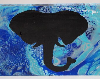 Acrylic Pour Painting with  Elephant Outline 12.75 X 7.5 Abstract Wood Art Wall Decor