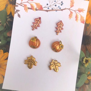 Fall stud pack, autumn inspired earring set, pumpkin and leaf earrings, gold leaf accent fall earrings, oak leaf studs, maple leaf earrings