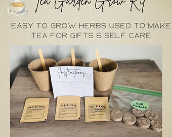 May include: A tea garden grow kit with three peat pots, wooden stirrers, seed packets, soil pellets, and instructions. The kit includes the text "Tea Garden Grow Kit" and "Easy to grow herbs used to make tea for gifts & self care."
