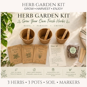 May include: A herb garden kit containing three brown fiber pots, three wooden plant markers labeled Basil, Parsley, and Chives, three seed packets, a bag of soil pellets, and an instruction card. The text reads Herb Garden Kit Grow Your Own Fresh Herbs.