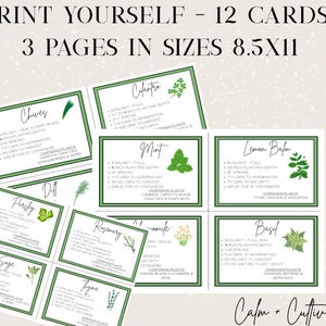 May include: A collection of printable gardening cards with green borders, featuring various herbs and planting information. The cards are designed to be printed on 8.5x11 inch paper and include details on sunlight, planting depth, and days to harvest.