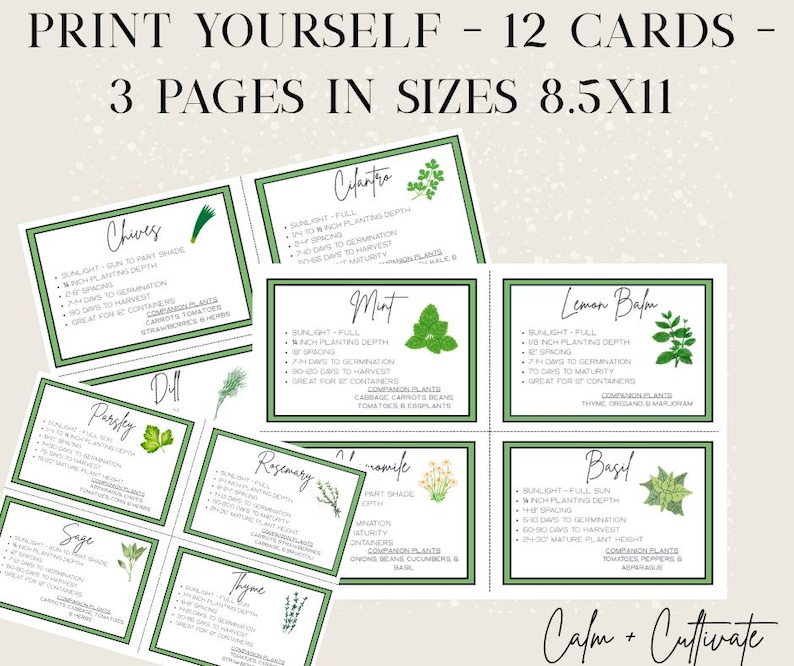May include: A collection of printable gardening cards with green borders, featuring various herbs and planting information. The cards are designed to be printed on 8.5x11 inch paper and include details on sunlight, planting depth, and days to harvest.