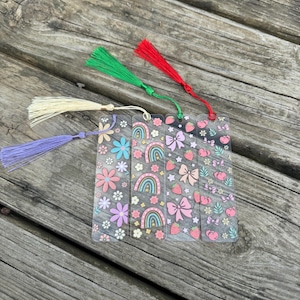 Set of 4 Whimsical Acrylic Bookmark with Tassel – Cute Aesthetic Bookmarks for Readers | Gift for Book Lovers | Floral, Cottage core Vibes
