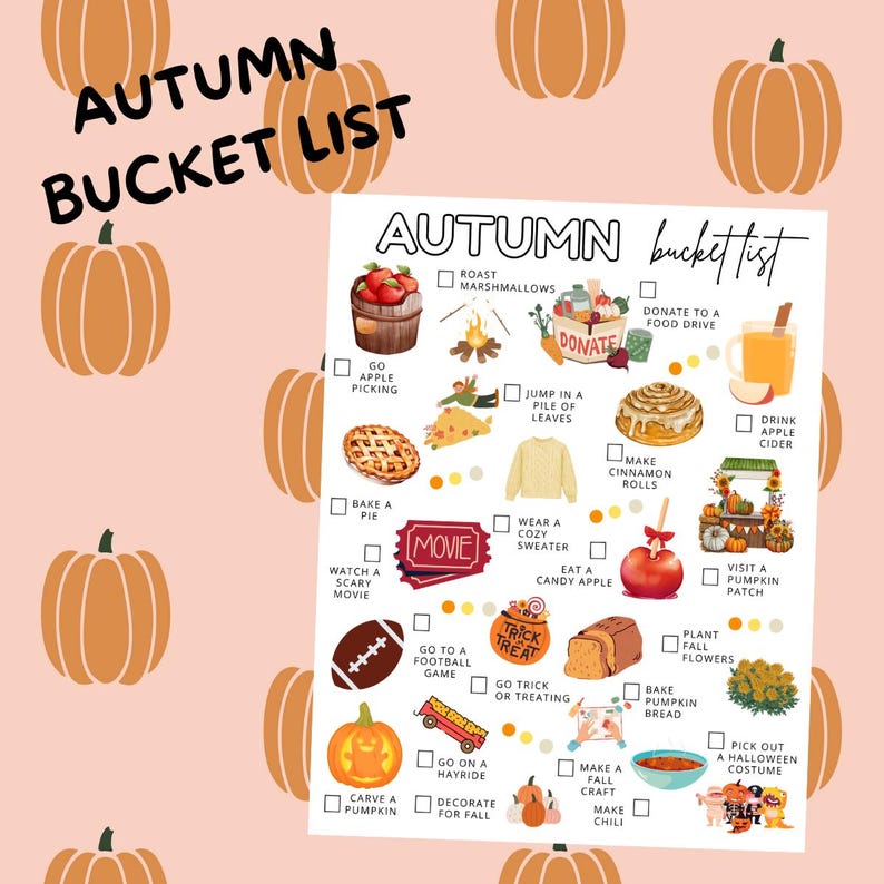 Printable Autumn Bucket List -- Fall Activities & Seasonal Fun Checklist – Digital Download – Autumn Bucket List for Kids and Adults