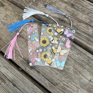 Set of 4 — Whimsical Acrylic Bookmark with Tassel – Cute Aesthetic Bookmarks for Readers | Gift for Book Lovers | Floral, Cottagecore Vibes