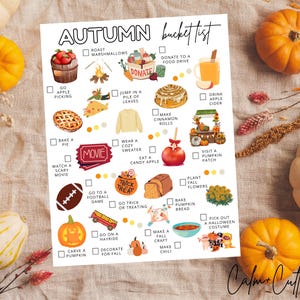 May include: A white paper with an "Autumn Bucket List" printed in black. The list includes illustrations of fall activities like apple picking, baking pie, and carving pumpkins. The image is surrounded by pumpkins and fall foliage.