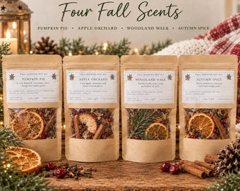 May include: Four kraft paper pouches containing simmer pot kits labeled Pumpkin Pie, Apple Orchard, Woodland Walk, and Autumn Spice. Each pouch features a clear window displaying dried orange slices, cinnamon sticks, and various botanical ingredients.