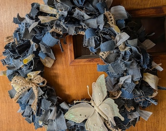 18 inch Upcycled Handmade Denim Wreath Wire Frame