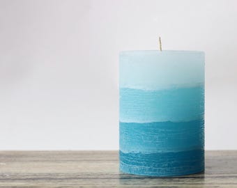 Rustic Teal Blue UNScented Layered Pillar Candle