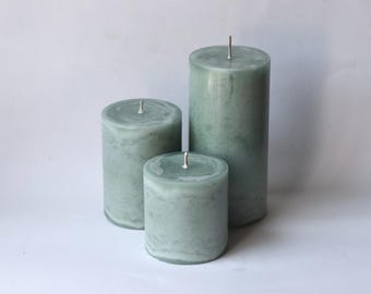 Sage Green Mottled Granite Marbled  Pillar Candle Trio