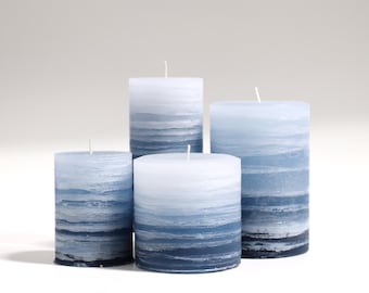 Rustic Blue Calming Ocean Waves UNScented Layered Gradation Pillar Candle