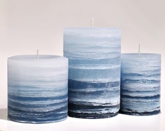 Rustic Blue Calming Ocean Waves UNScented Layered Gradation Pillar Candle