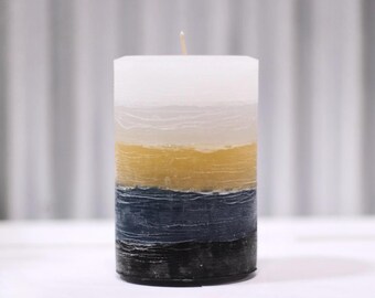 Rustic White,gray, gold, blue to black UNScented Layered Pillar Candle