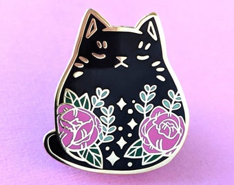 Floral Cat Gold Hard Enamel Pin 1.5" | Kitty Space Peony Lapel Accessory | Flower Animal Enamel Pin Badge For Backpack Jacket Pin Board