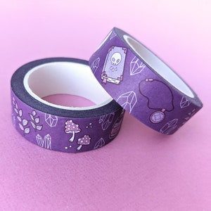 Magical Things Witchy Washi Tape 10mx15mm | Spells Magic Potion Feather Mushrooms Witchcraft Crystals Purple | Eco Masking Tape Stationery