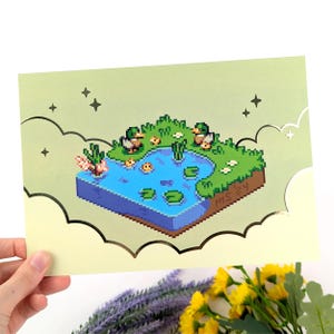 Impression d'art Tiny Duck Pond feuille d'or, art mural pixel rétro, feuille d'or en relief, oeuvre d'art isométrique, carte postale A5 canard et canetons
