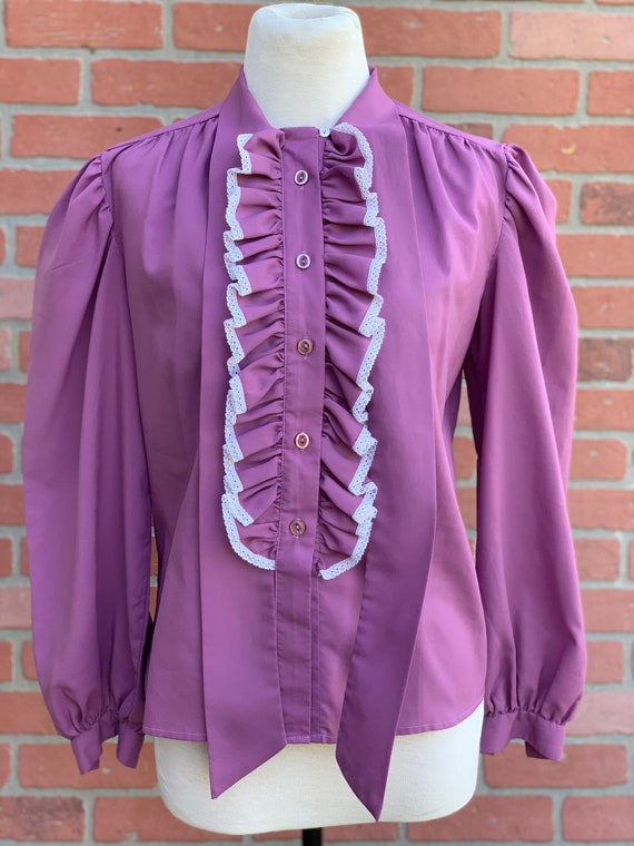 Vintage Purple Ruffle Lace Blouse, Victorian, Vint