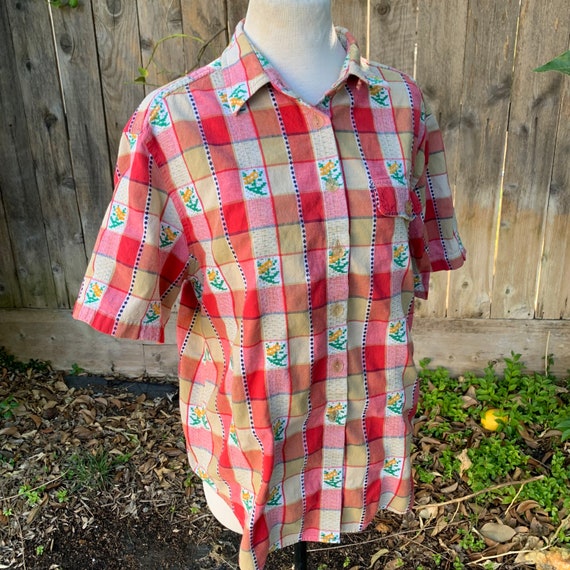 Vintage Checkered Floral Button Down Shirt - image 6