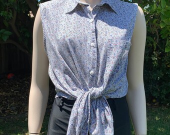 Vintage Sleeveless Floral Print Button Up