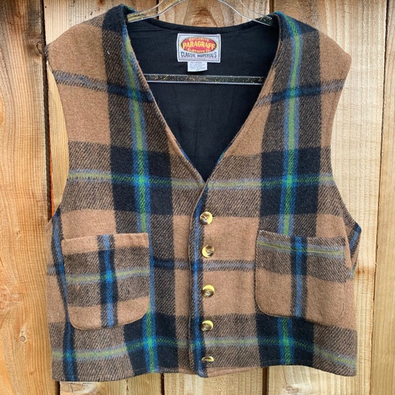 Mens Vintage Brown Plaid Wool Vest Gem