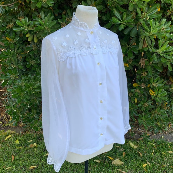 Vintage Sheer White Embroidered Blouse