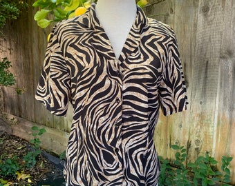 Vintage Animal Print Button Blouse, Zebra Print, Polyester 90s