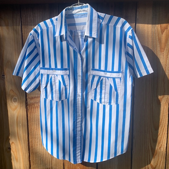 Vintage Striped Blue White Short Sleeve Button Sh… - image 1