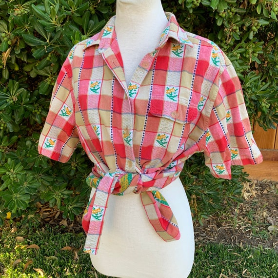 Vintage Checkered Floral Button Down Shirt - image 4
