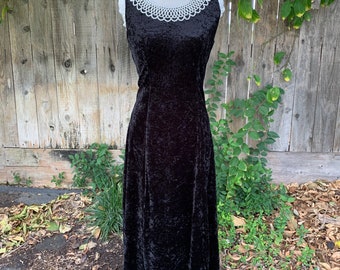 Vintage Black Velvet Dress Pearl Neck Detail Maxi 90s