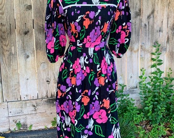 Vintage Casi Hand Screened Black Floral Dress, Cotton, Balloon Sleeve