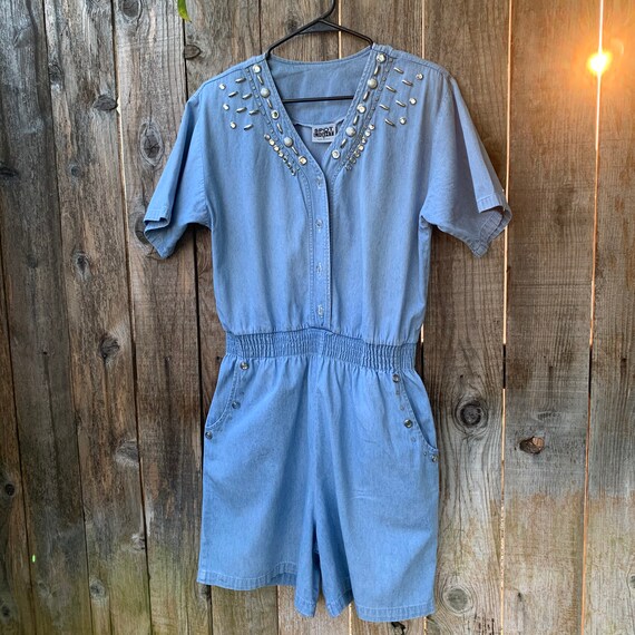 80s Denim Jeweled Romper/Jumpsuit