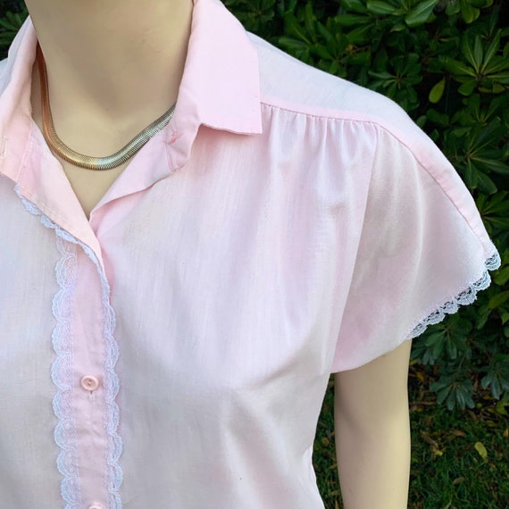 Vintage Pink Shirt Lace Trim - image 4