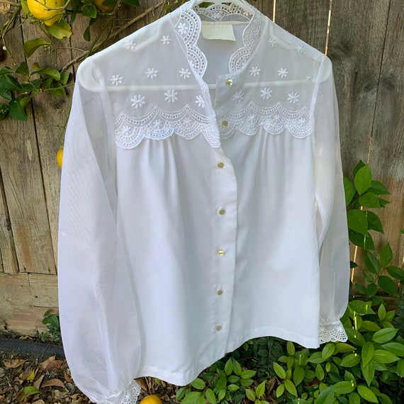 Vintage Sheer White Embroidered Blouse - image 10