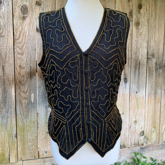 Beaded silk vest,Vintage,black and gold beaded stars,… Gem