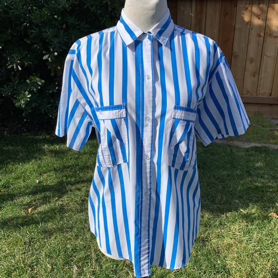 Vintage Striped Blue White Short Sleeve Button Sh… - image 3