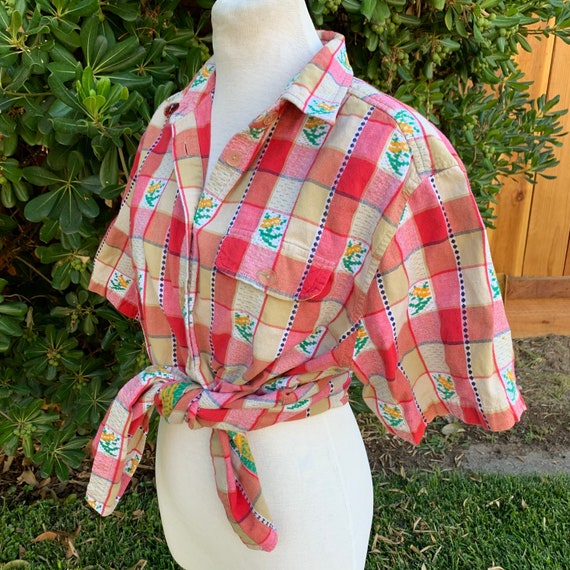 Vintage Checkered Floral Button Down Shirt - image 8