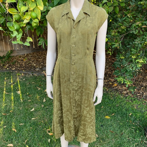 Vintage Olive Green Silk Jacquard Dress