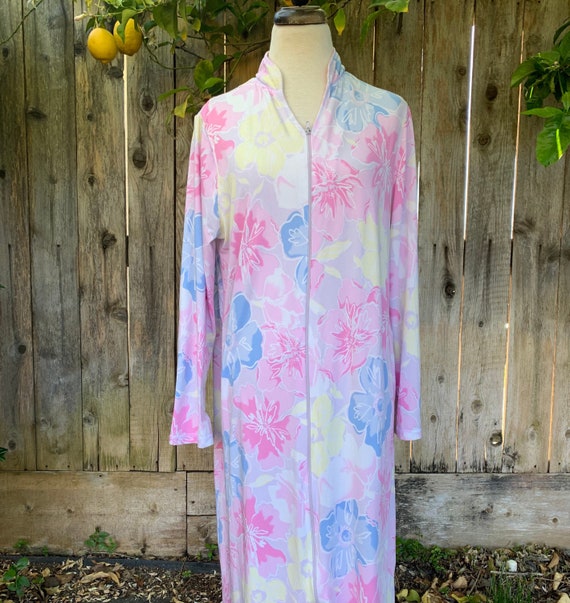 80s Vintage Pastel House Dress, Floral Zip-Up Blai