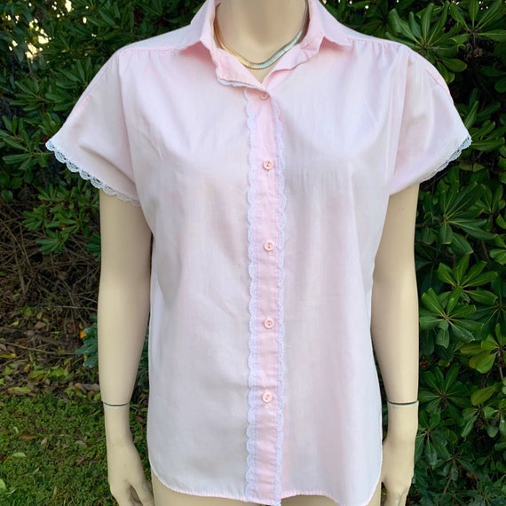 Vintage Pink Shirt Lace Trim - image 1