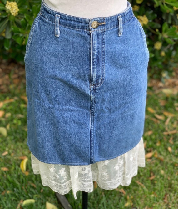 Vintage Denim and Lace Skirt - Etsy