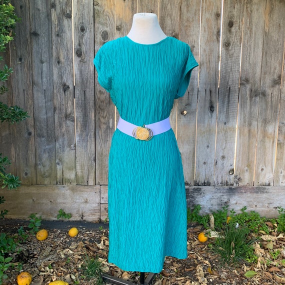 Vintage Turquoise 70s 80s Dress Crinkle