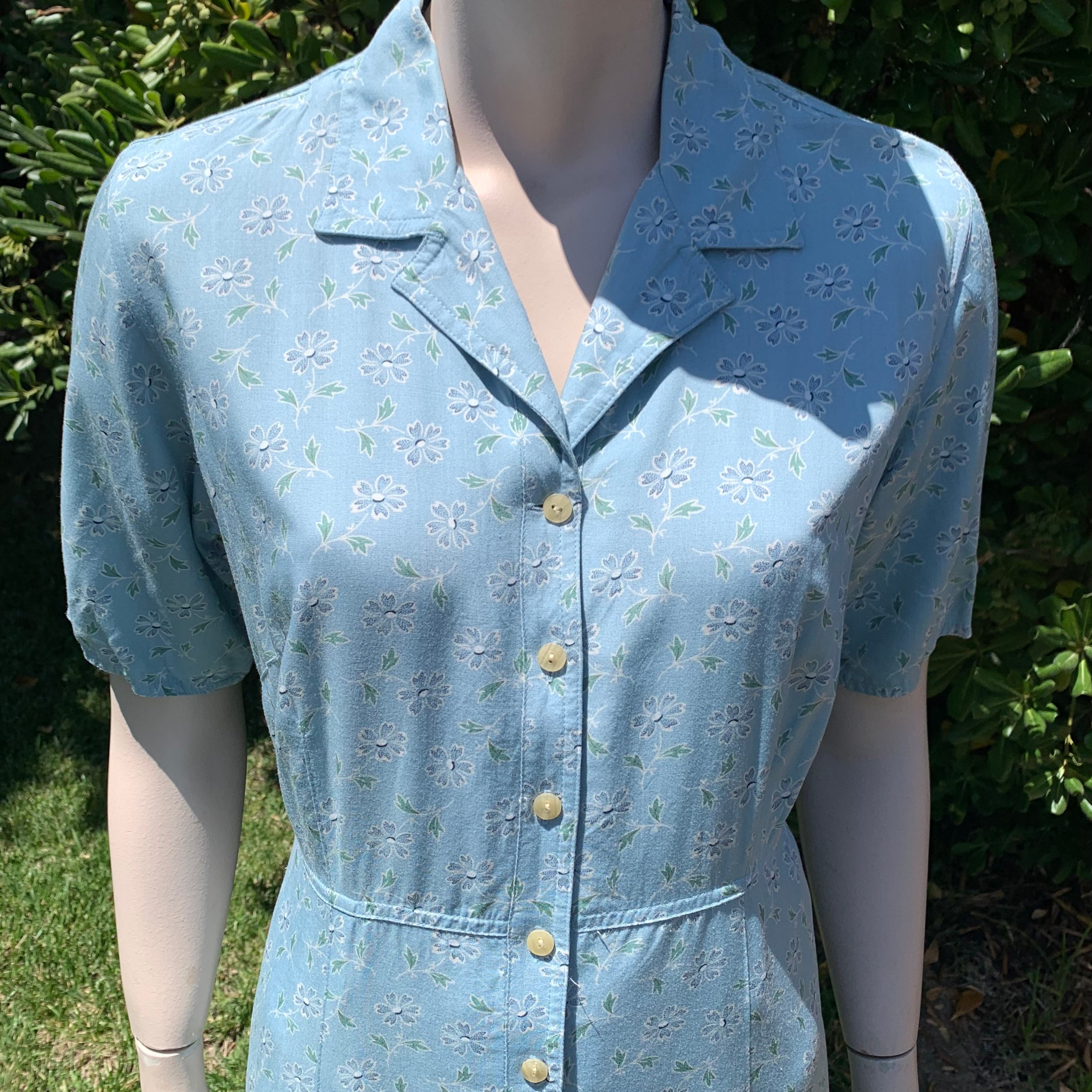 Blue Linen Look Dress w/ Vintage Flower main image 1
