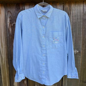90s Striped Button Down Shirt with Embroidered Flowers