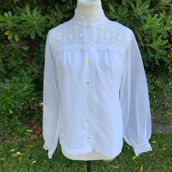 Vintage Sheer White Embroidered Blouse - image 3