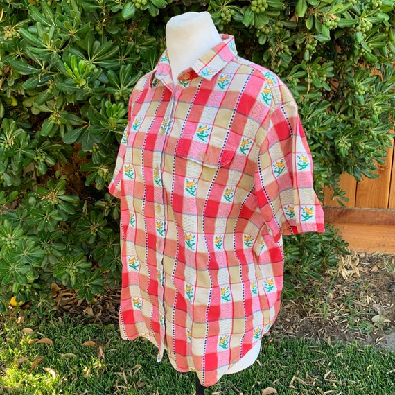 Vintage Checkered Floral Button Down Shirt - image 3