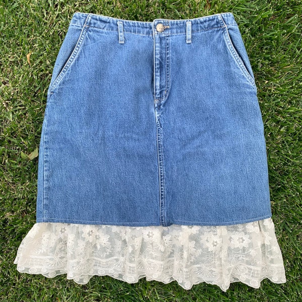 Vintage Denim and Lace Skirt