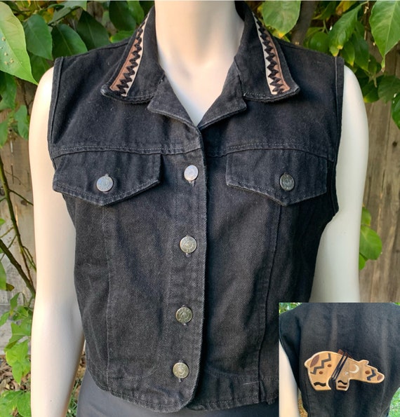 Black Denim Vest with Bear Embroidery