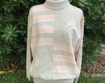 Vintage Vincente Paris Angora Lambswool Mock Neck Sweater, Gray and Pink Floral